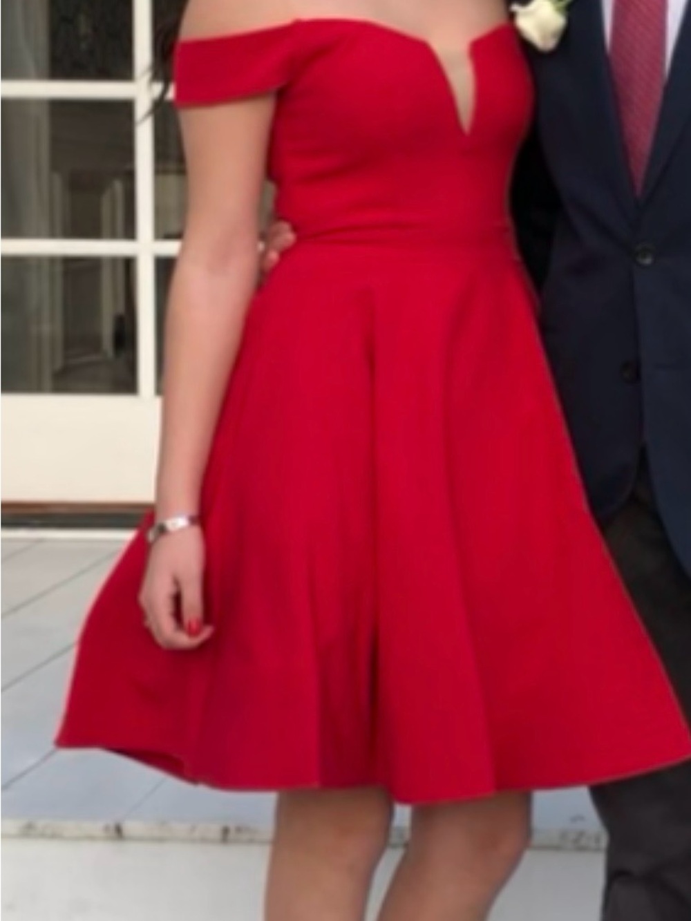 Aqua One-Shoulder V-Notch Red Fit & Flare Dress